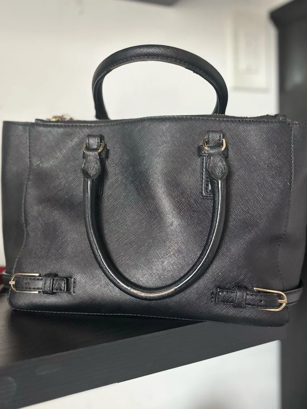 Tory Burch Black Leather Satchel with Gold-Tone Logo